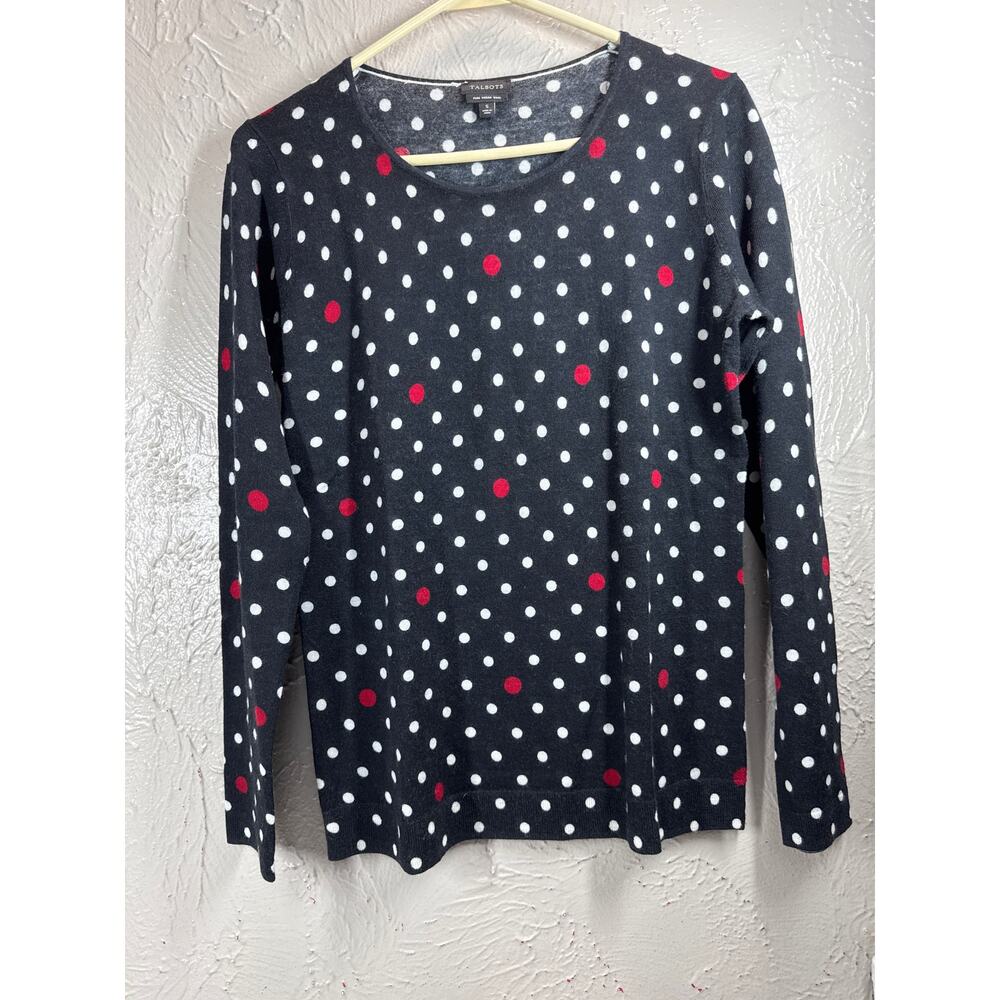 Talbots Black Merino Wool Polka Dot Lightweight Sweater Round Neck Size Small